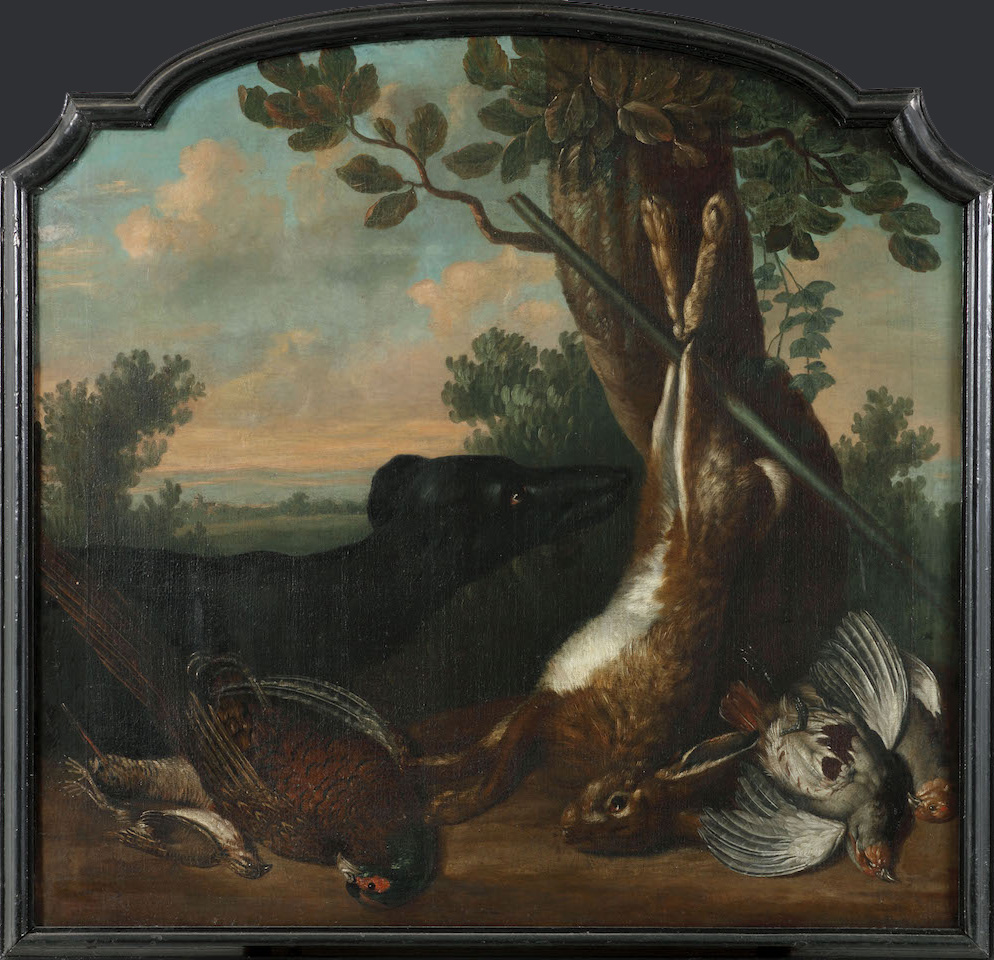 Navolger Jan Weenix - Stilleven met een haas, een fazant en andere vogels in een landschap