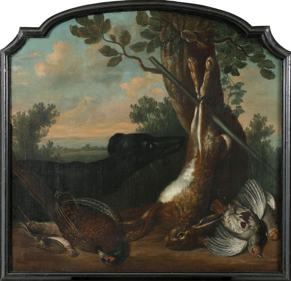 Navolger Jan Weenix - Stilleven met een haas, een fazant en andere vogels in een landschap