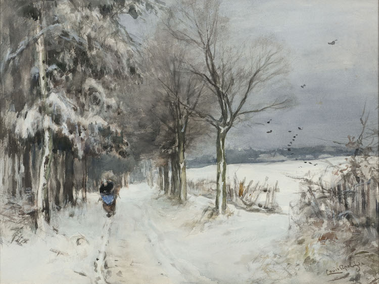 Louis Apol - Winter, wood gatherer on a snowy path in a forest