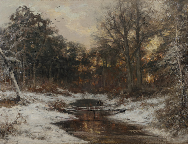 Louis Apol - A winterlandscape with figures on a little bridge