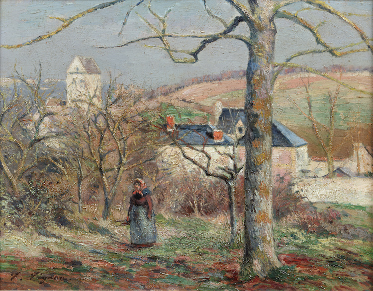 Victor Vignon - A peasant woman in front of a village with a church tower