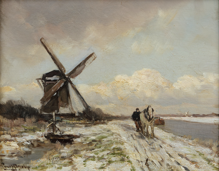 Louis Apol-A winter landscape with a farmer and a horse and a windmill along a river