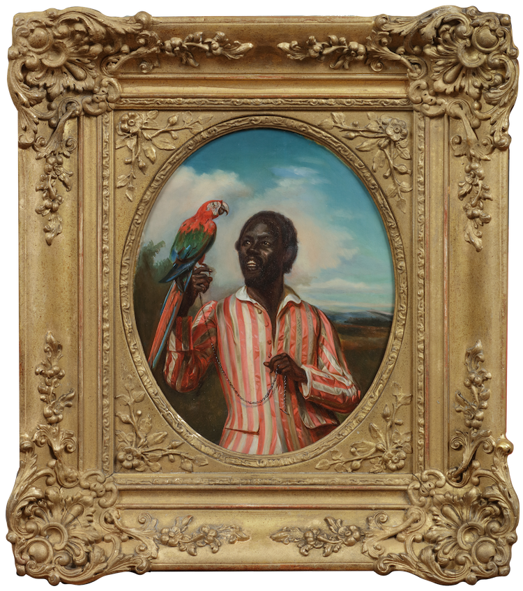 French School-A man holding a parrot in a tropical landscape