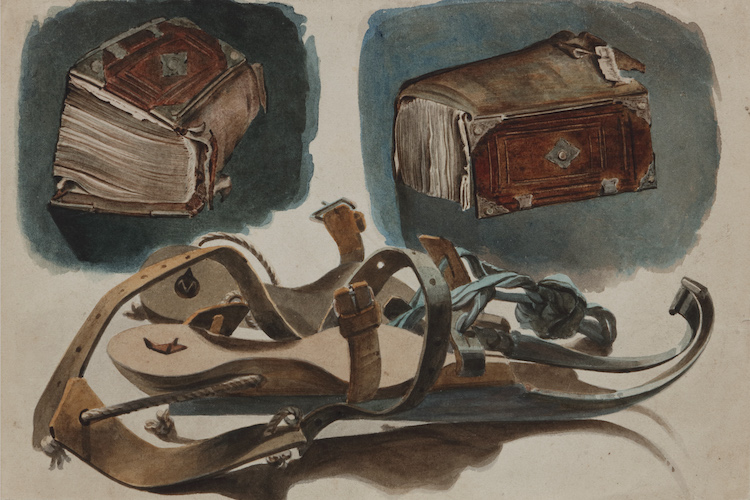 Bartholomeus Bonket-A still life with wooden skates (Friese doorlopers) and books