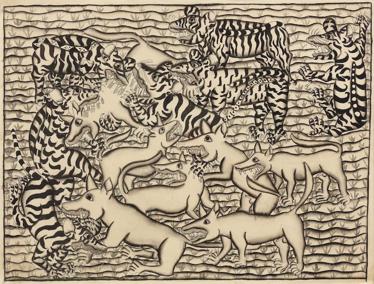 Pre War Balinese Modernist-Dogs and tigers fighting