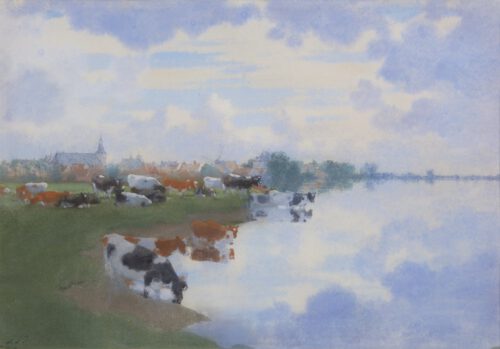 Jan Voerman-View of Hattem with cows along the river IJssel